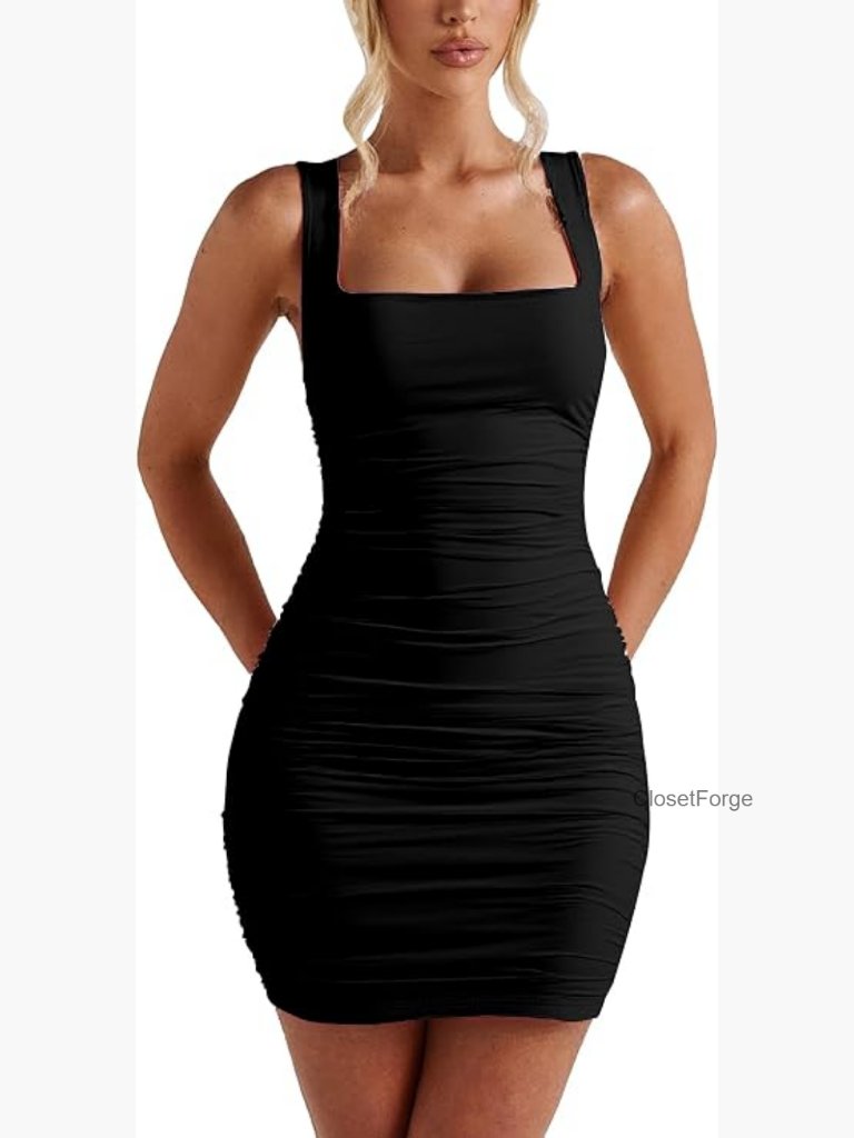 Sexy Square Neck Ruched Bodycon Mini Dress Sleeveless Club Party